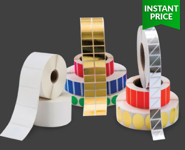 Blank labels on rolls in various colours, shapes and sizes.